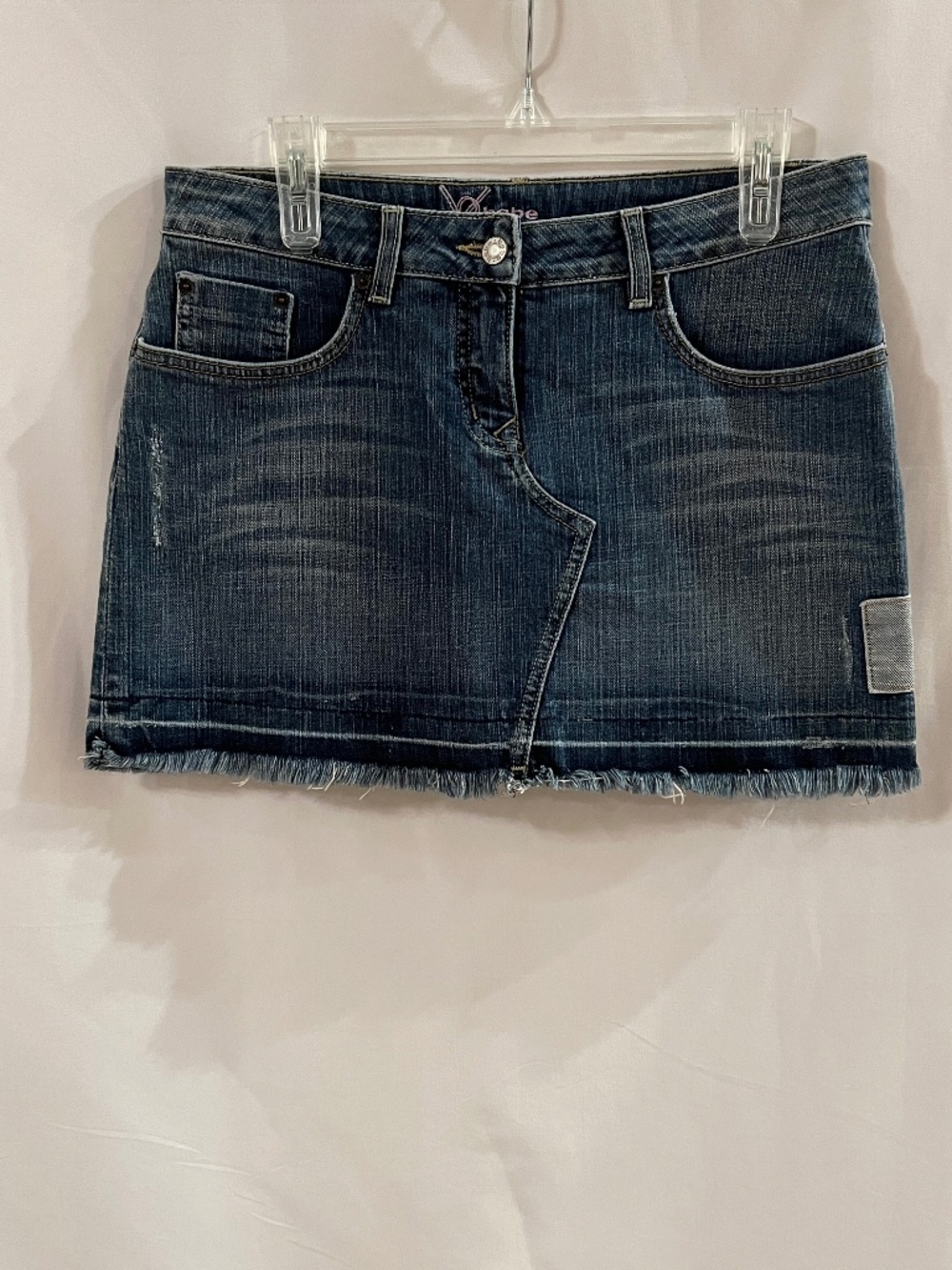 Vintage Y2k Bebe Raw Edge Denim Mini Skirt, Rhinestone Accents, Size 29